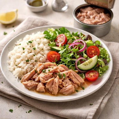 Rice and can of tuna with salad