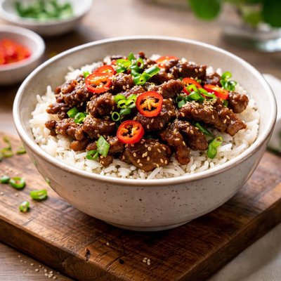 Rice bowl with bulgogi and chili