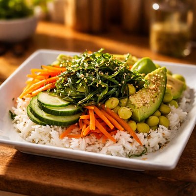 Rice bowl with seaweed and vegetables