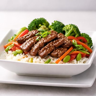 Rice bowl with vegetables and meat