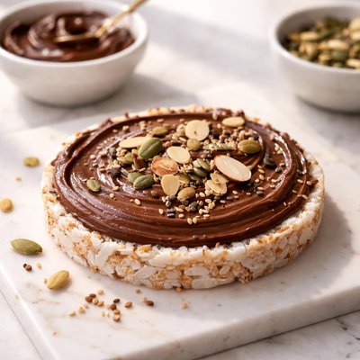 Rice cake with chocolate spread and seeds