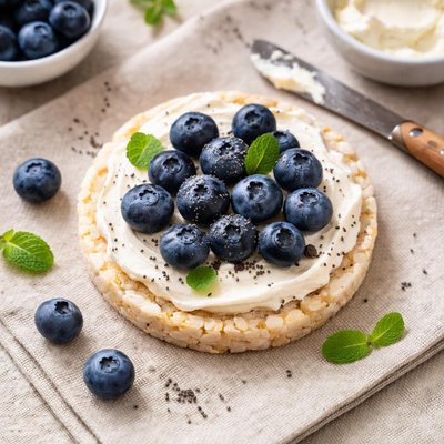 Rice cake with cream cheese and blueberries