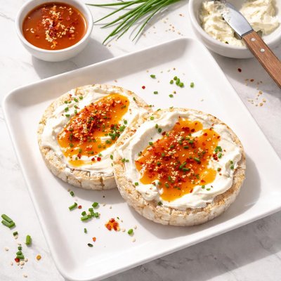 Rice cake with cream cheese and sweet chili sauce