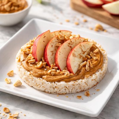 Rice cake with peanut butter and apple slices