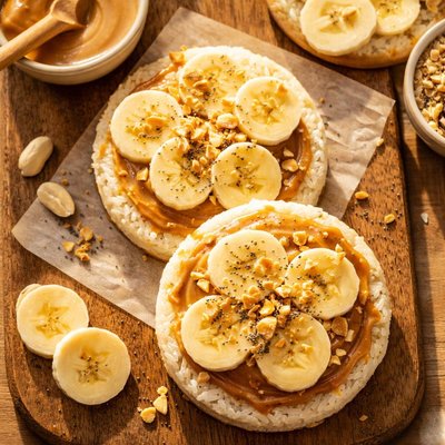 Rice cake with peanut butter and banana slices