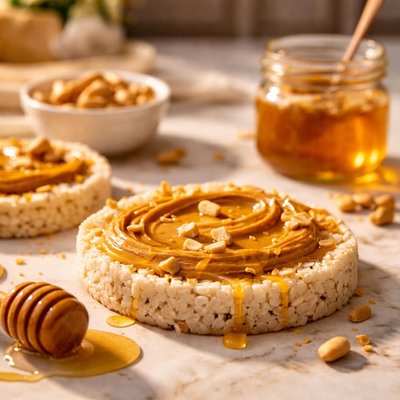 Rice cake with peanut butter and honey