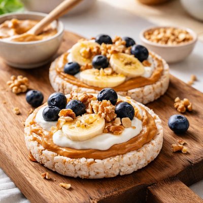 Rice cake with peanut butter and yogurt