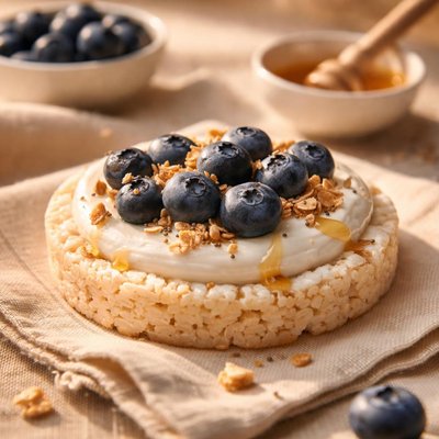 Rice cake with yogurt and blueberries
