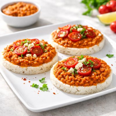 Rice cakes with red pepper spread