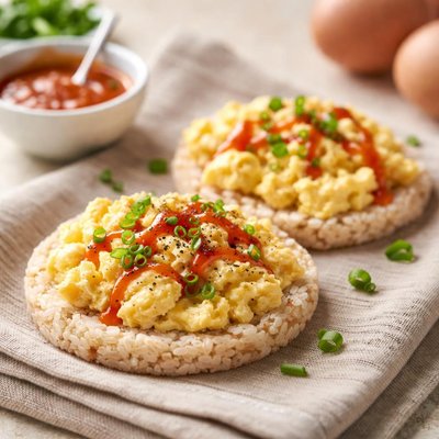 Rice cakes with scrambled eggs and hot sauce