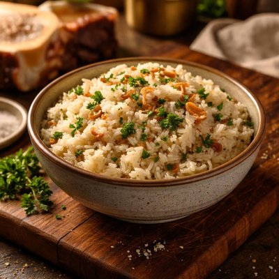 Rice cooked in beef bone broth