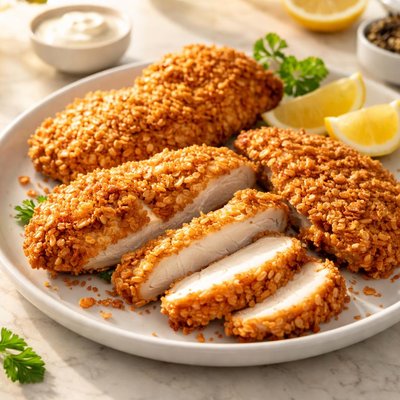 Rice crispy coated chicken breast