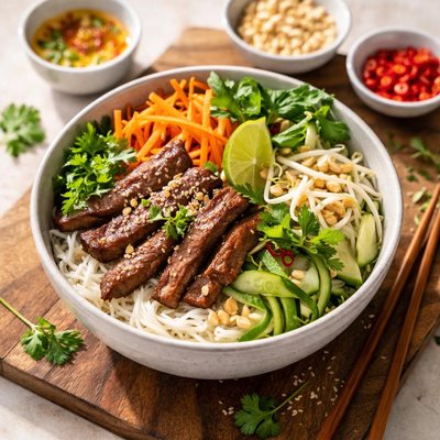 Rice noodle bowl with beef