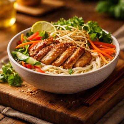 Rice noodle bowl with chicken