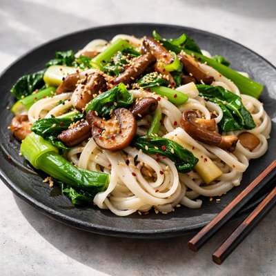Rice noodles with mushrooms and greens