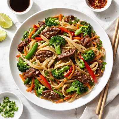 Rice noodles with vegetables and beef