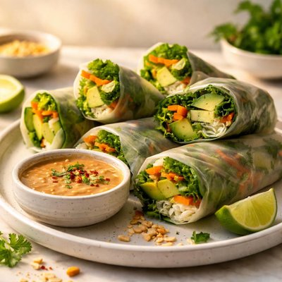 Rice paper rolls with avavardo cucumber and peanut sauce