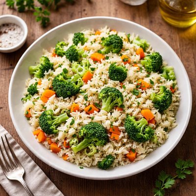 Rice pilaf with broccoli and carrots