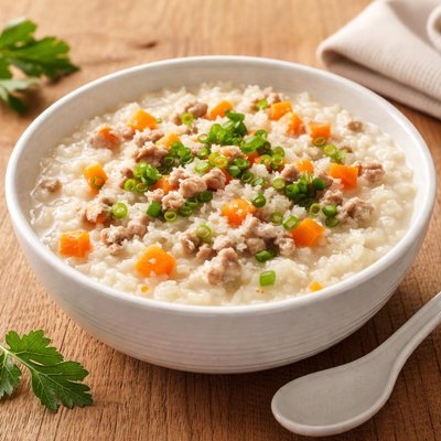 Rice porridge with minced meat and carrots