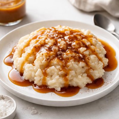 Rice pudding with salted caramel sauce
