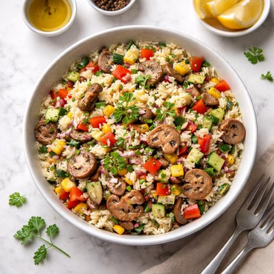 Rice salad with mushrooms and vegetables