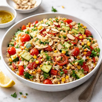Rice salad with vegetables and almonds