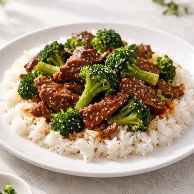 Rice with beef and brocolli