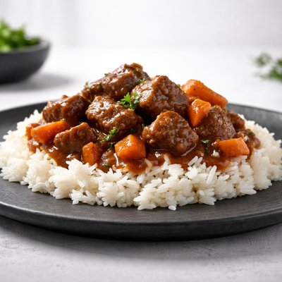 Rice with beef stew and carrots