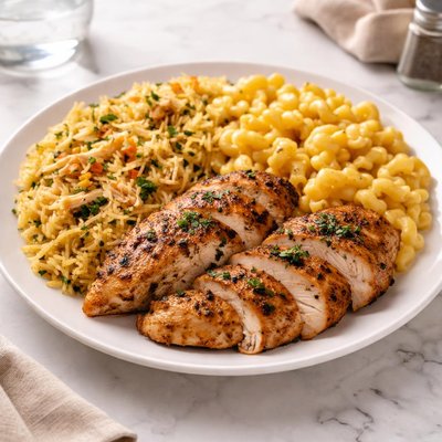Rice with chicken and macaroni and cheese
