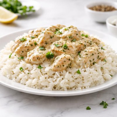 Rice with chicken and white sauce