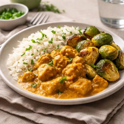 Rice with curry and brussels sprouts