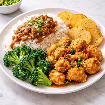 Rice with gravy and potato slices and salted egg chicken and broccoli