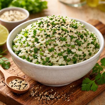 Rice with green seasoning and sesame seeds