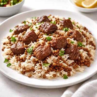 Rice with lentil beans and beef