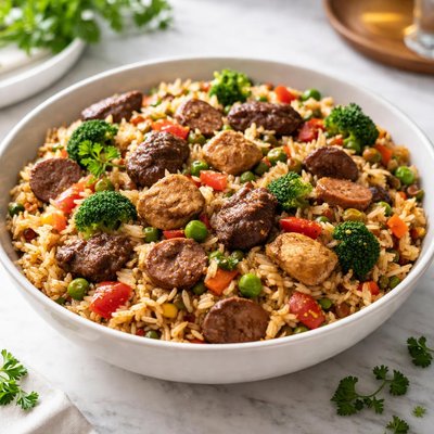 Rice with mixed meat and vegetables