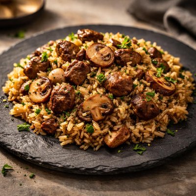Rice with mushrooms and meat