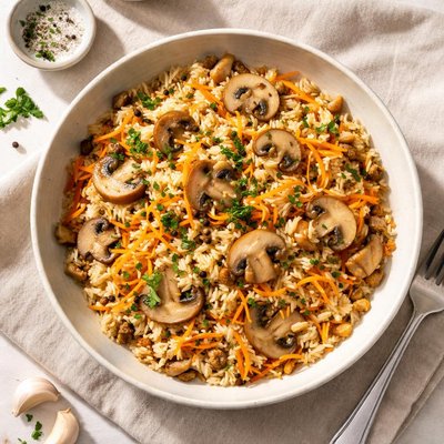 Rice with mushrooms and shredded carrot