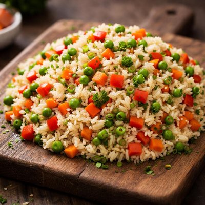 Rice with peas and carrot and bell pepper