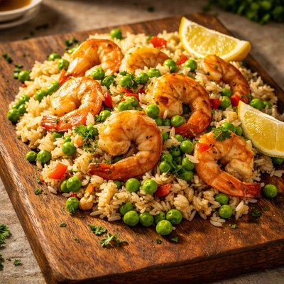 Rice with peas and shrimp
