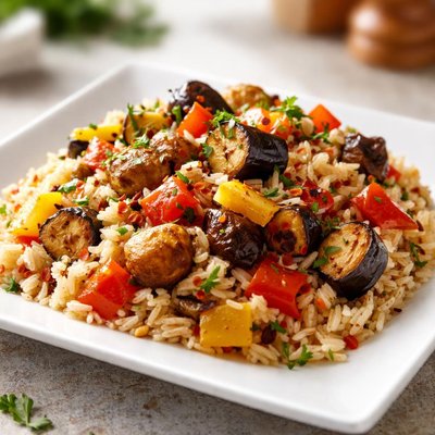 Rice with roasted aubergine and peppers