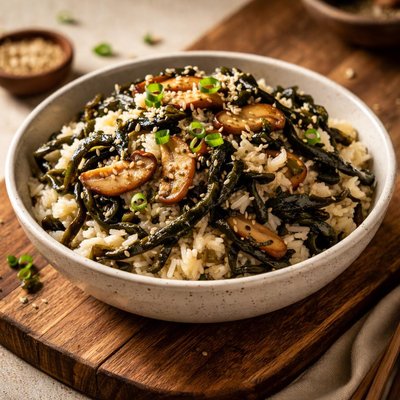 Rice with seaweed and mushrooms