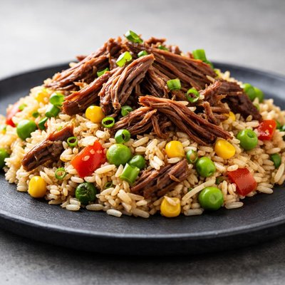 Rice with shredded beef and vegetables