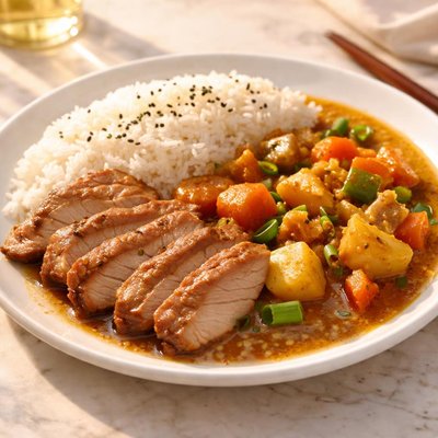Rice with slice pork and curry vegetables