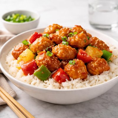 Rice with sweet and sour chicken
