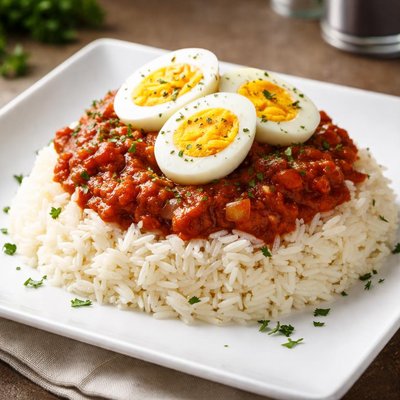 Rice with tomato sauce and boiled egg