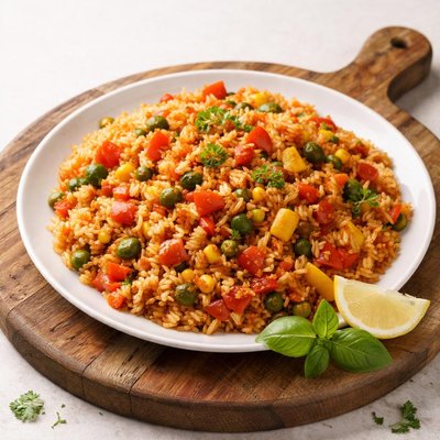 Rice with vegetables and tomato sauce