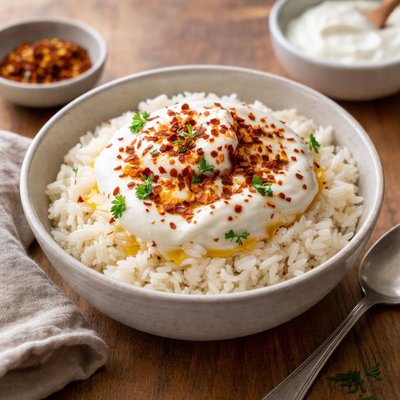 Rice with yogurt and chili flakes