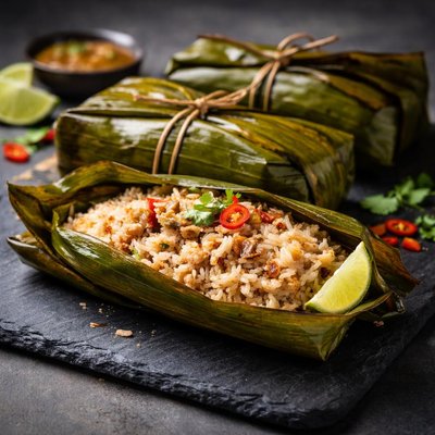Rice wrapped in banana leaf