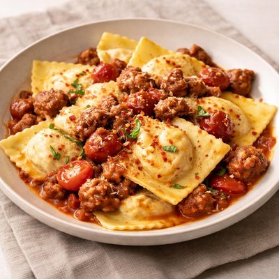 Ricotta stuffed ravioli with sausage and sauce