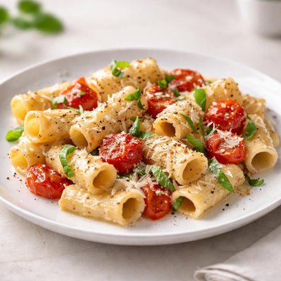 Rigatoni pasta with creamy sauce and cherry tomatoes
